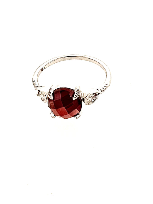 Affinity 18kt White Gold Round Checkerboard Cut 8x8mm Garnet and Diamond Ring