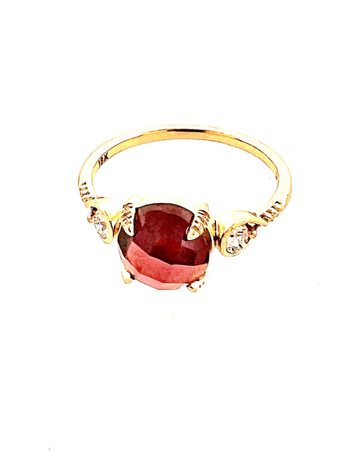 Affinity 18kt Yellow Gold Round Checkerboard Cut 8x8mm Garnet and Diamond Ring