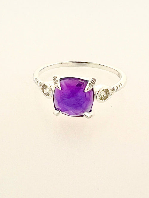 Affinity Sterling Silver Cushion Checkerboard Cut 8x8mm Amethyst and Diamond Ring