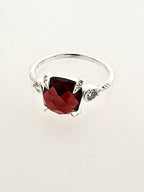 Affinity Sterling Silver Cushion Checkerboard Cut 8x8mm Garnet and Diamond Ring