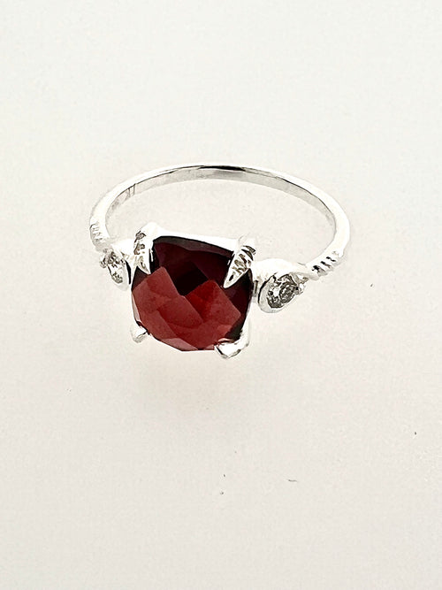 Affinity Sterling Silver Cushion Checkerboard Cut 8x8mm Garnet and Diamond Ring