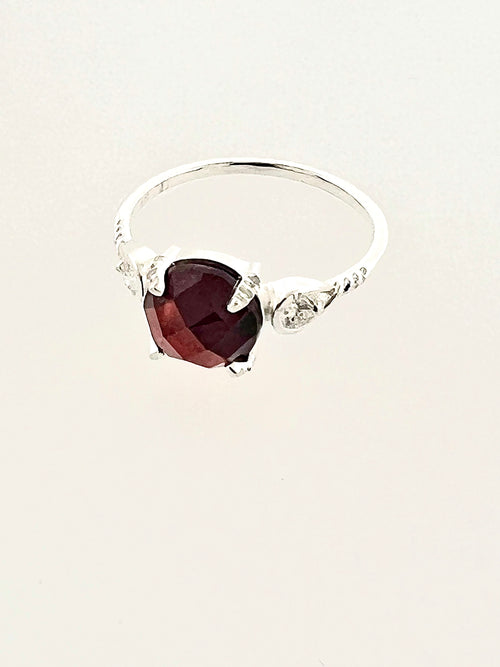 Affinity Sterling Silver Round Checkerboard Cut 8x8mm Garnet and Diamond Ring