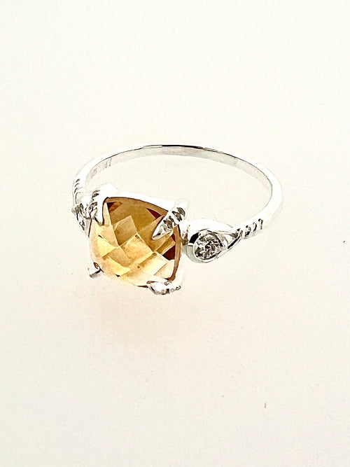 Affinity Sterling Silver Cushion Checkerboard Cut 8x8mm Citrine and Diamond Ring