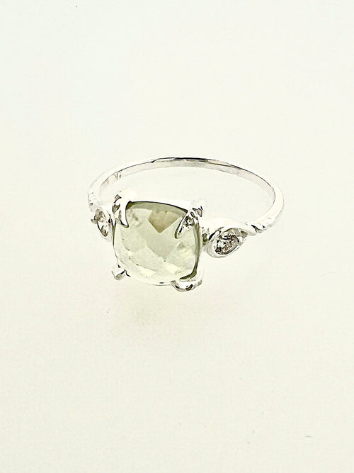 Affinity Sterling Silver Cushion Checkerboard Cut 8x8mm Green Amethyst and Diamond Ring