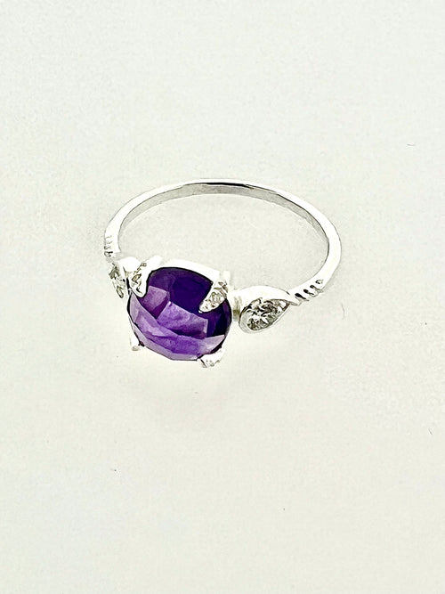 Affinity Sterling Silver Round Checkerboard Cut 8x8mm Amethyst and Diamond Ring