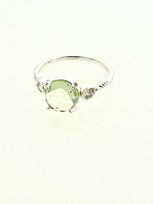 Affinity Sterling Silver Round Checkerboard Cut 8x8mm Green Amethyst and Diamond Ring