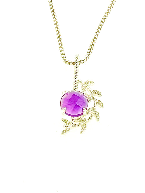 Leaf Sterling Silver Amethyst and Diamond Pendant