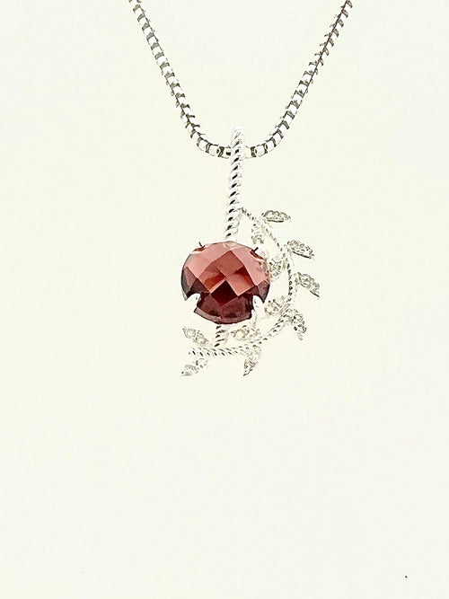 Leaf Sterling Silver Garnet & Diamond Pendant