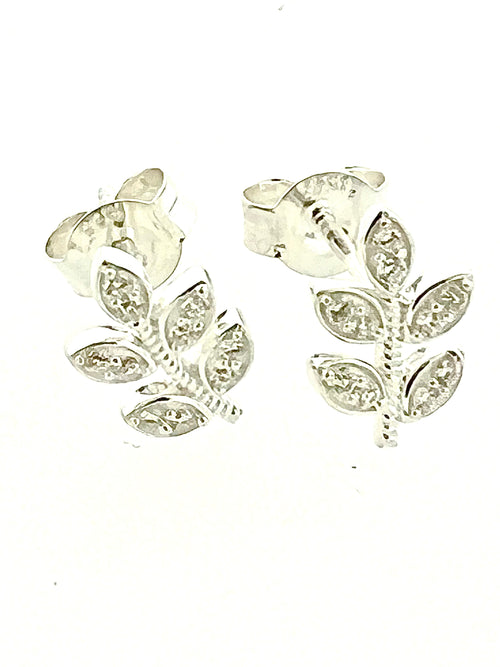 Leaf Sterling Silver Diamond Earrings