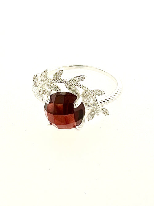 Leaf Sterling Silver Garnet & Diamond Ring