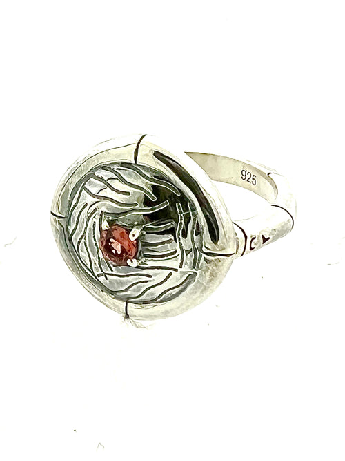 Structure Sterling Silver 3mm Garnet Round Ring
